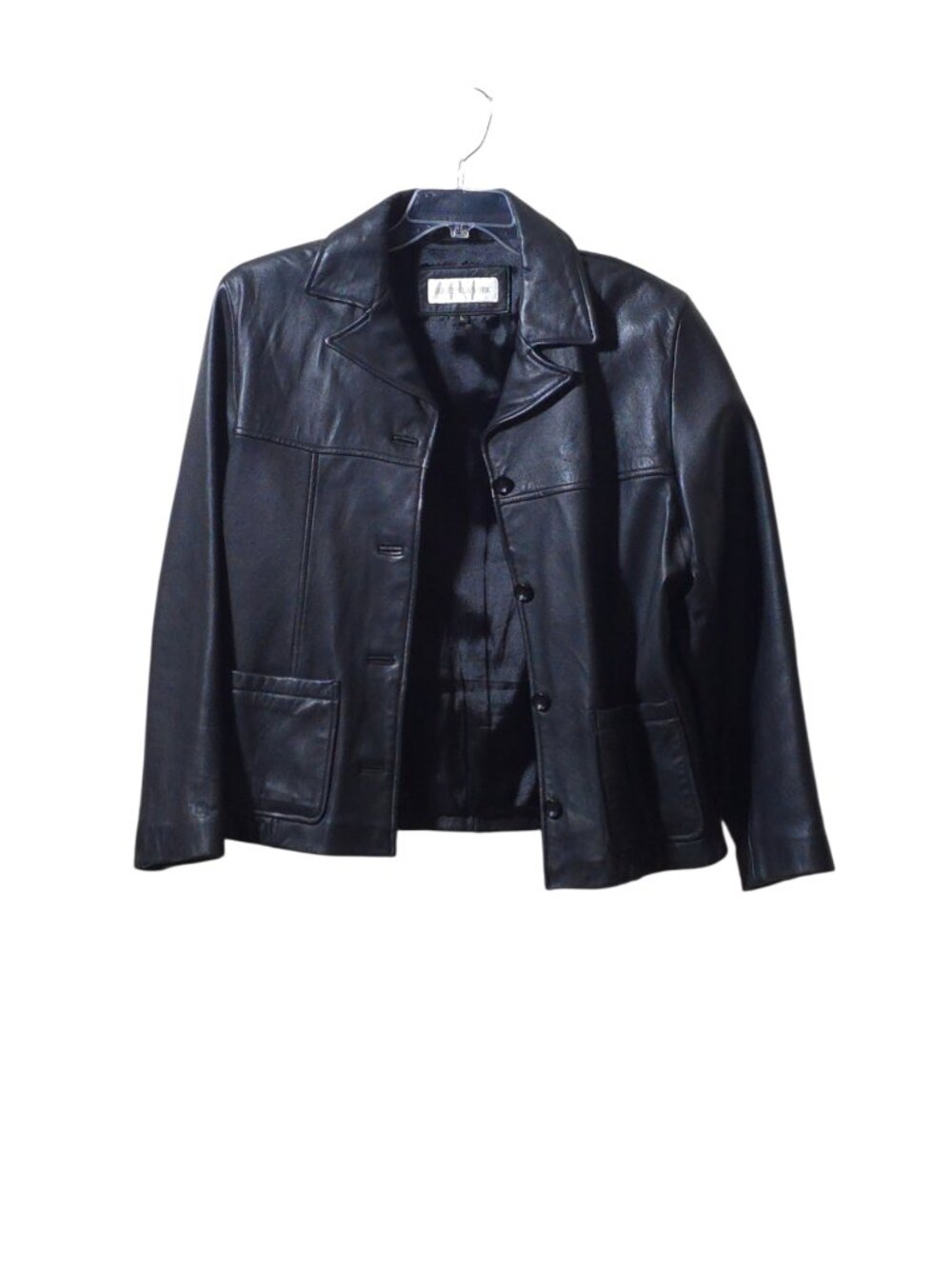 Vintage 100% Leather Black Jacket Women’s Button Front Y2K Minimalist Coat - Picture 2 of 13